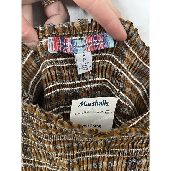 Urban Outfitters Brown Plaid Smocked Balloon Sleeve Tunic Mini Dress Small NWT - Picture 4 of 5